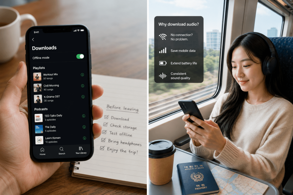 Smartphone showing downloaded playlists and podcasts beside a train passenger listening offline, highlighting uninterrupted playback, mobile-data savings, and consistent audio quality.