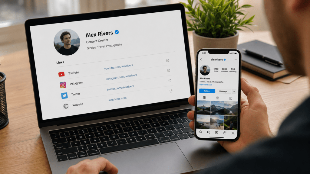 Creator’s official profile page linking to matching YouTube, Instagram, X, and personal website accounts, illustrating cross-platform account verification.
