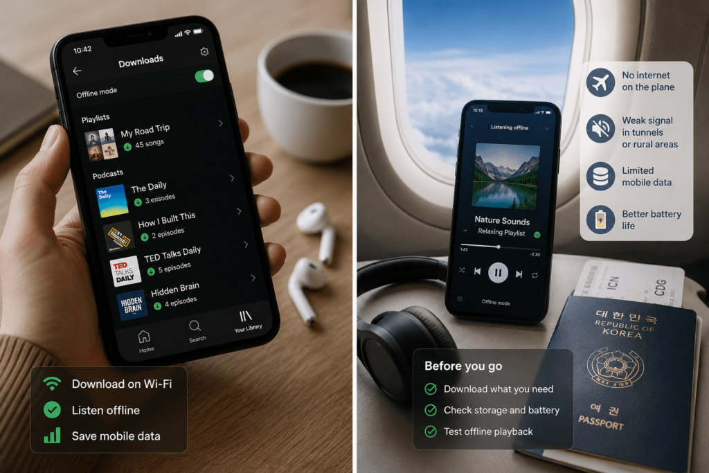 Audio downloads prepared over Wi-Fi and played offline during a flight, with reminders to check storage, battery, and playback before traveling.