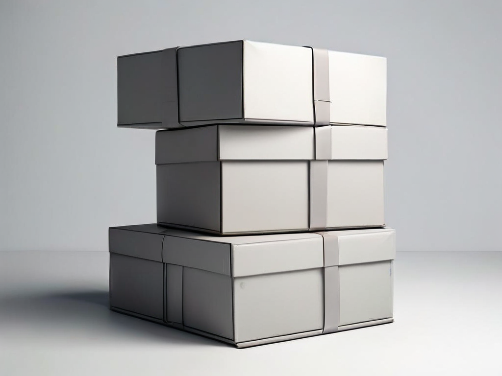 Stack of blank archive boxes with marked fold lines, safe zones, and soft shadows on a matte gray studio surface.