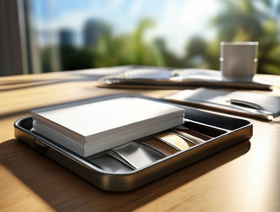 Brushed metal tray holds blank divider cards in morning light, a metaphor for organized digital photo book previews.