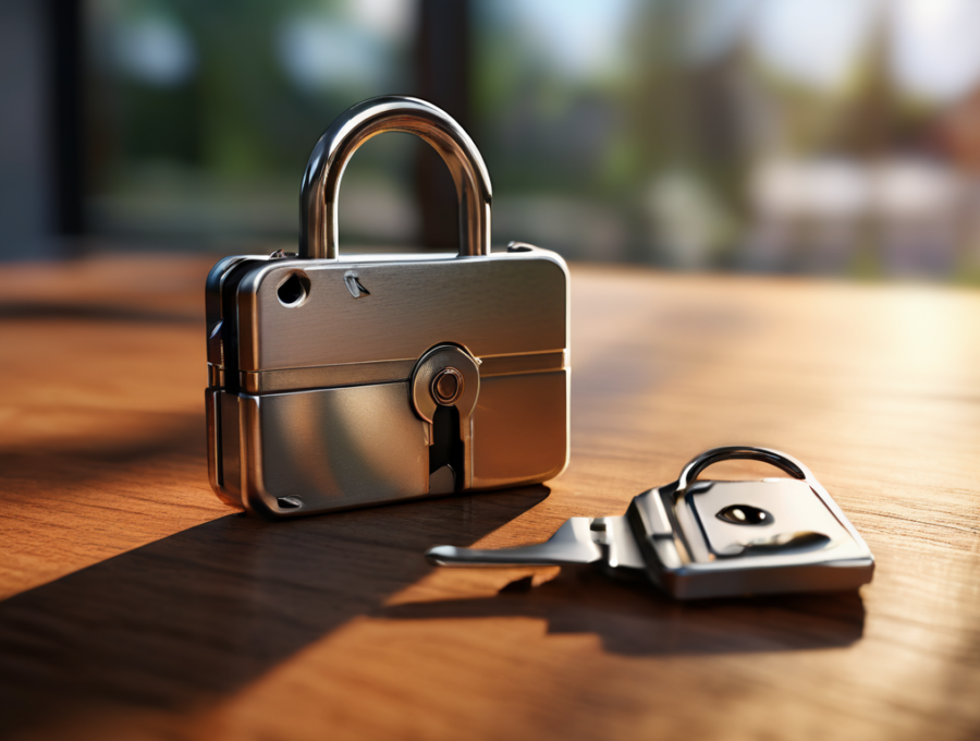 Brushed metal surface holds a closed key case, small lock, and blank security card in angled morning light, symbolizing account...