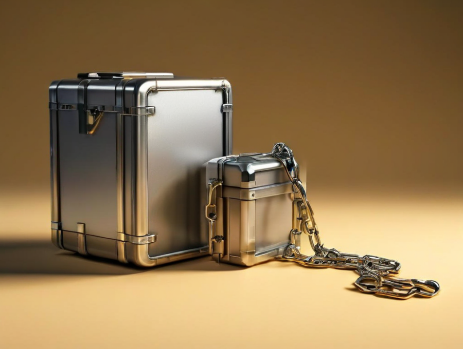 Sealed metal case with short chain beside small blocks representing file locations on brushed metal surface.