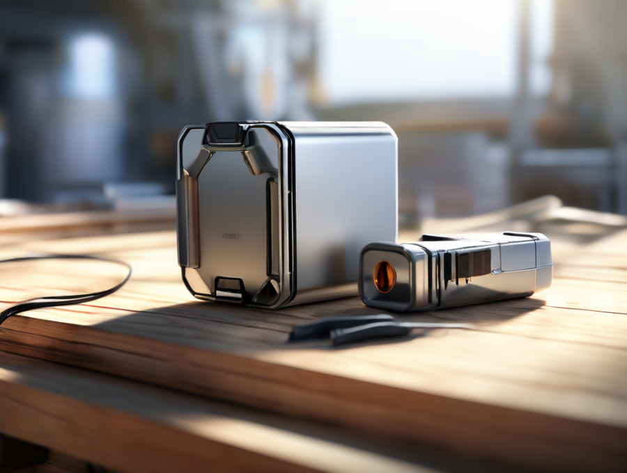 A portable storage drive and stacked data blocks on a brushed metal surface, with a small capacity gauge, bathed in angled...