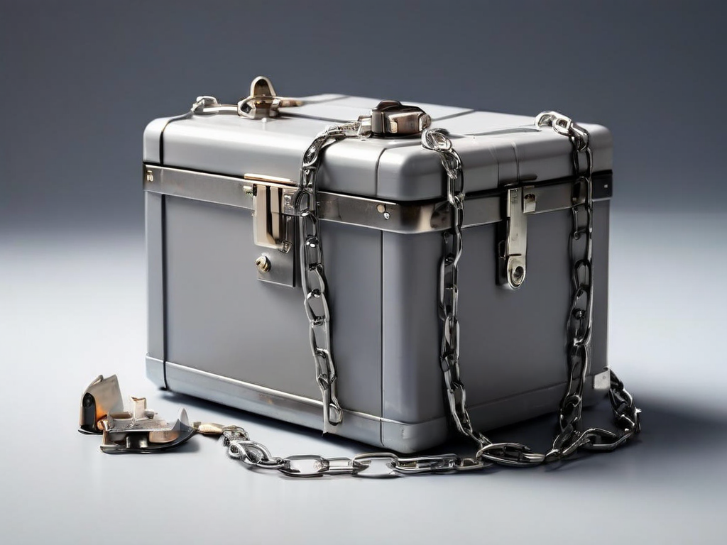 A sealed metal case with a short chain sits beside small blank blocks on a gray surface, representing cloud sharing.