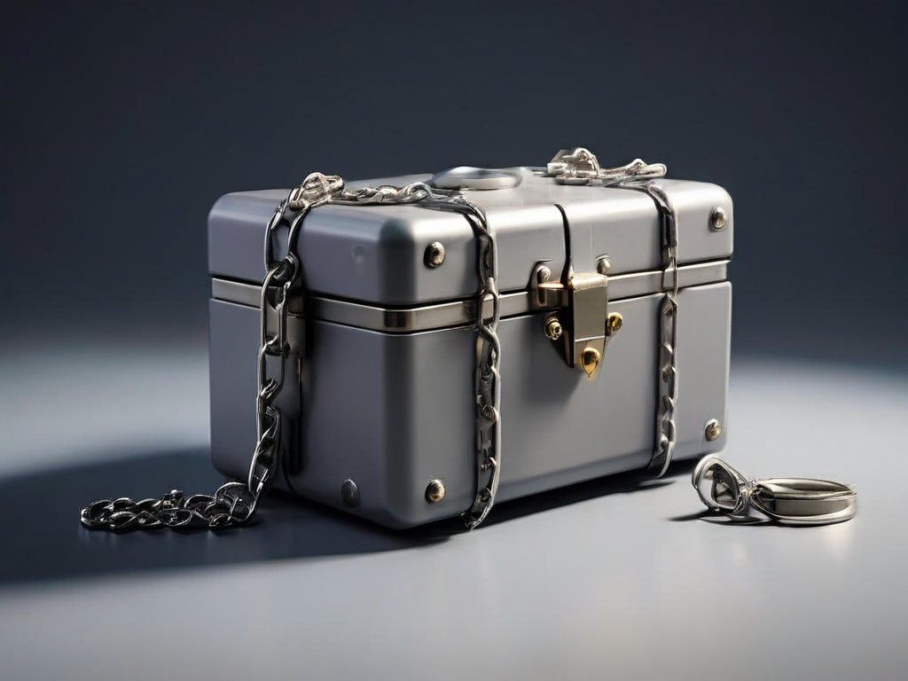 A sealed gray storage case with a short metal chain, beside small unmarked blocks on a matte surface, soft side light and shadows.