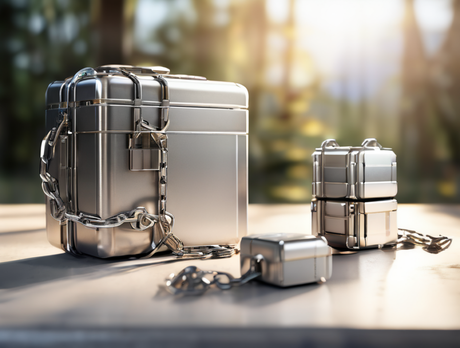 Brushed metal case with chain and small blocks on bright surface under morning light.